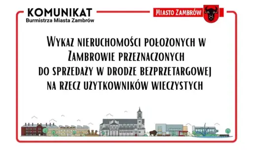 KOMUNIKAT Burmistrza Miasta Zambrów - Wykaz nieruchomości położonych w Zambrowie przeznaczonych do sprzedaży w drodze bezprzetargowej  na rzecz użytkowników wieczystych 